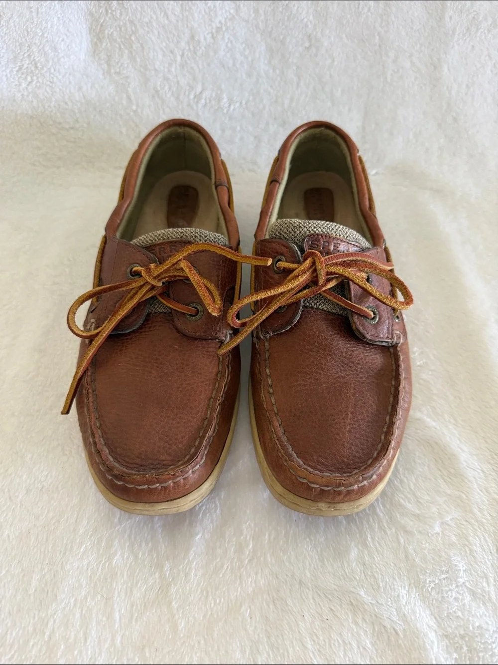 Sperry Cognac Leather & Tan Fabric Boat Shoes